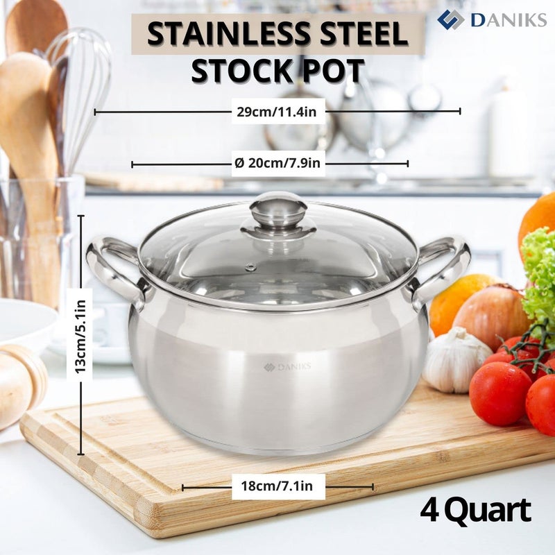Daniks Classic Stainless Steel Stock Pot with Glass Lid - Induction 4 Quart  Dishwasher Safe  Measuring Scale  For Soup  Pasta  Stew  Silver - Image 3